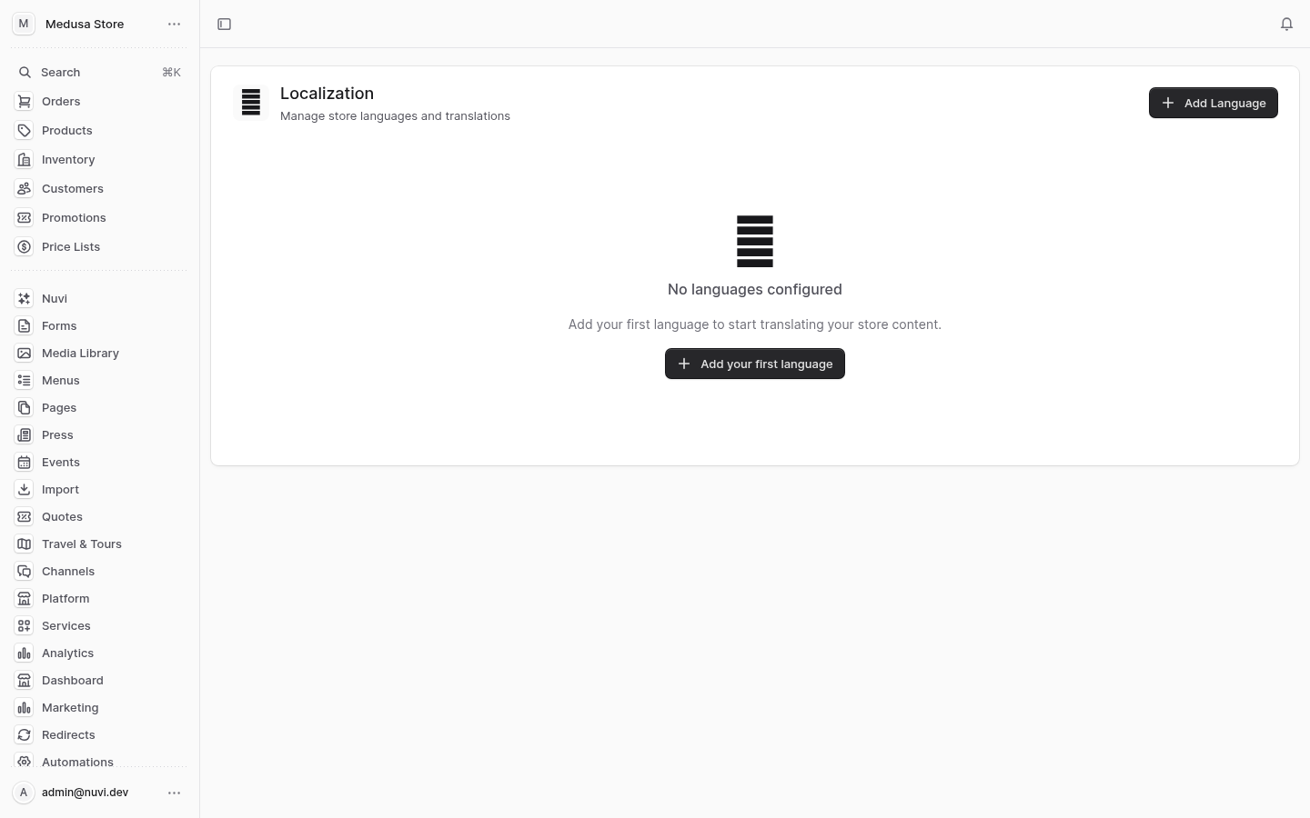 Yerelleştirme admin screenshot